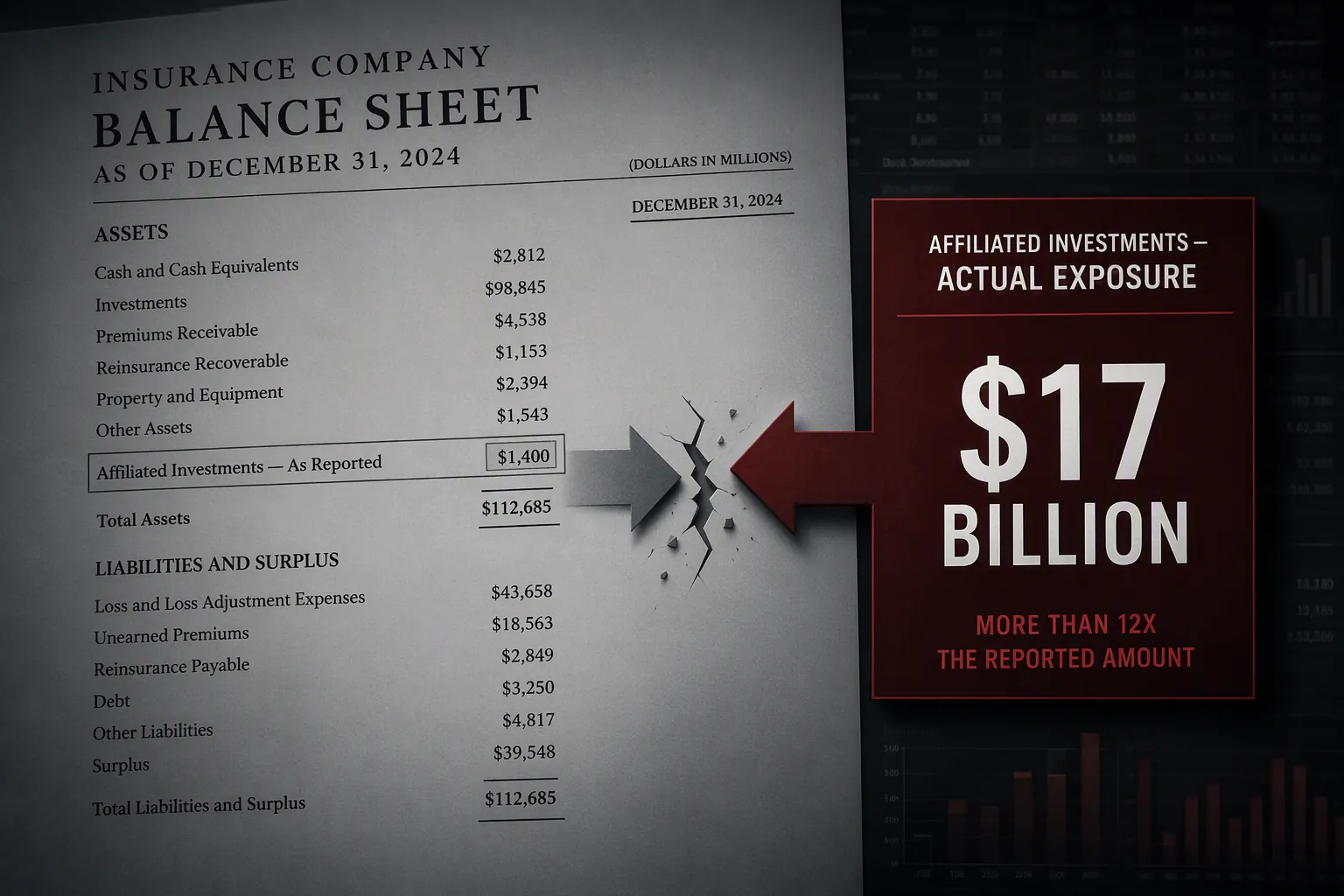 Balance-sheet visual showing a reported 1.4 billion dollar figure, a larger 17 billion dollar figure, and a broken arrow representing the disclosure gap