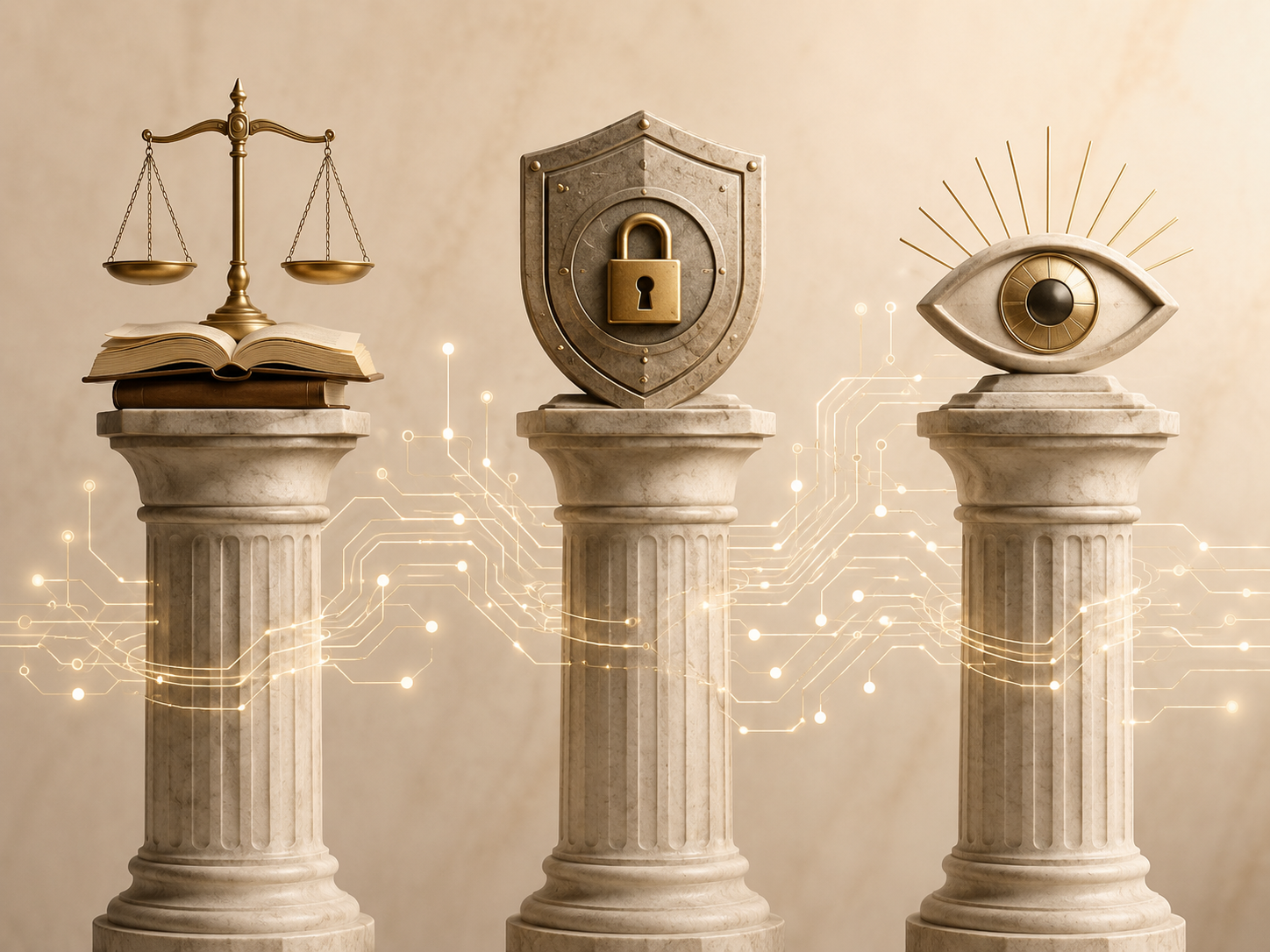 Three stone columns representing competence, confidentiality, and supervision with legal and digital symbols