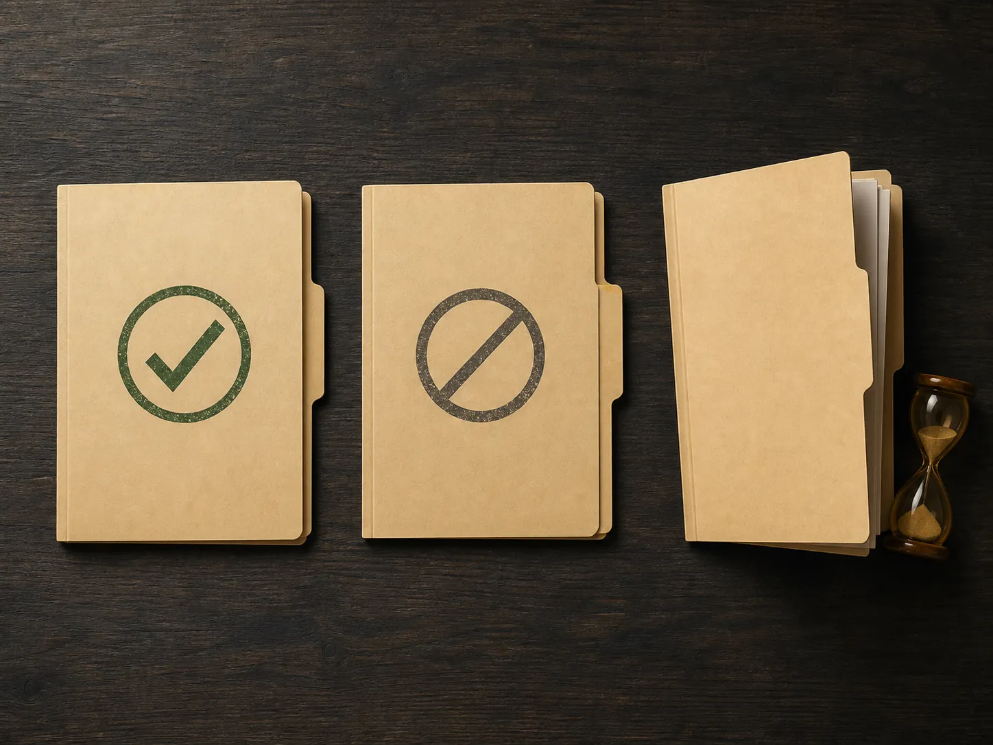 Three legal case folders marked as decided, void and pending with an amber hourglass beside the open file
