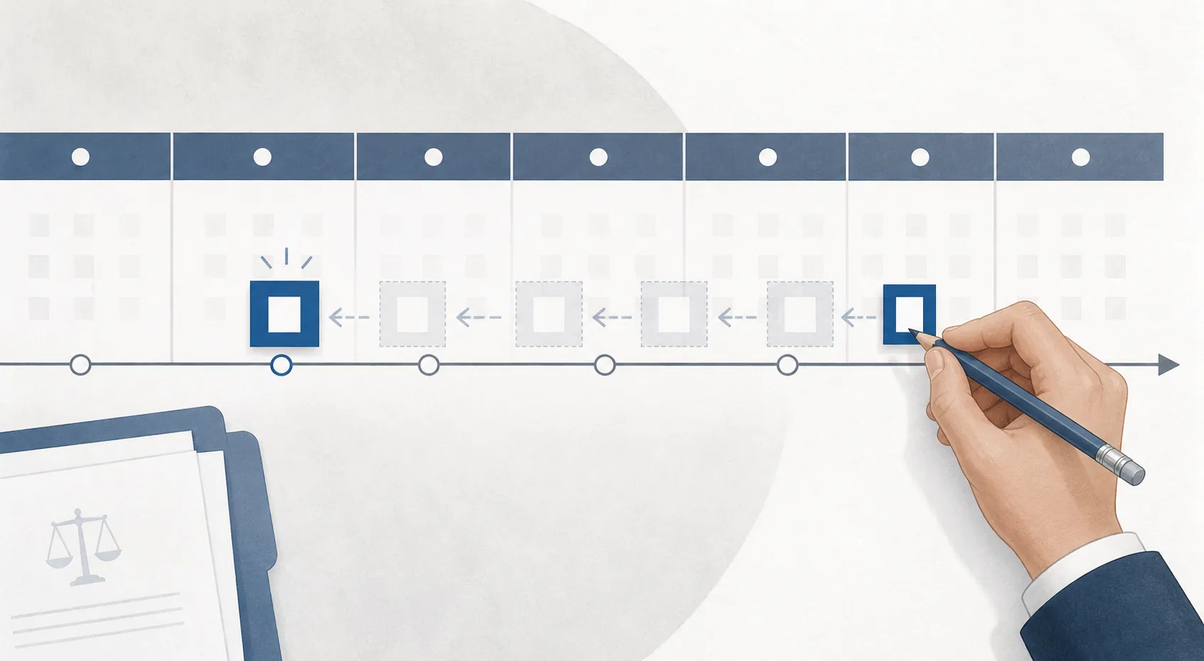 A calendar timeline with a projected date marker being moved earlier by a pencil
