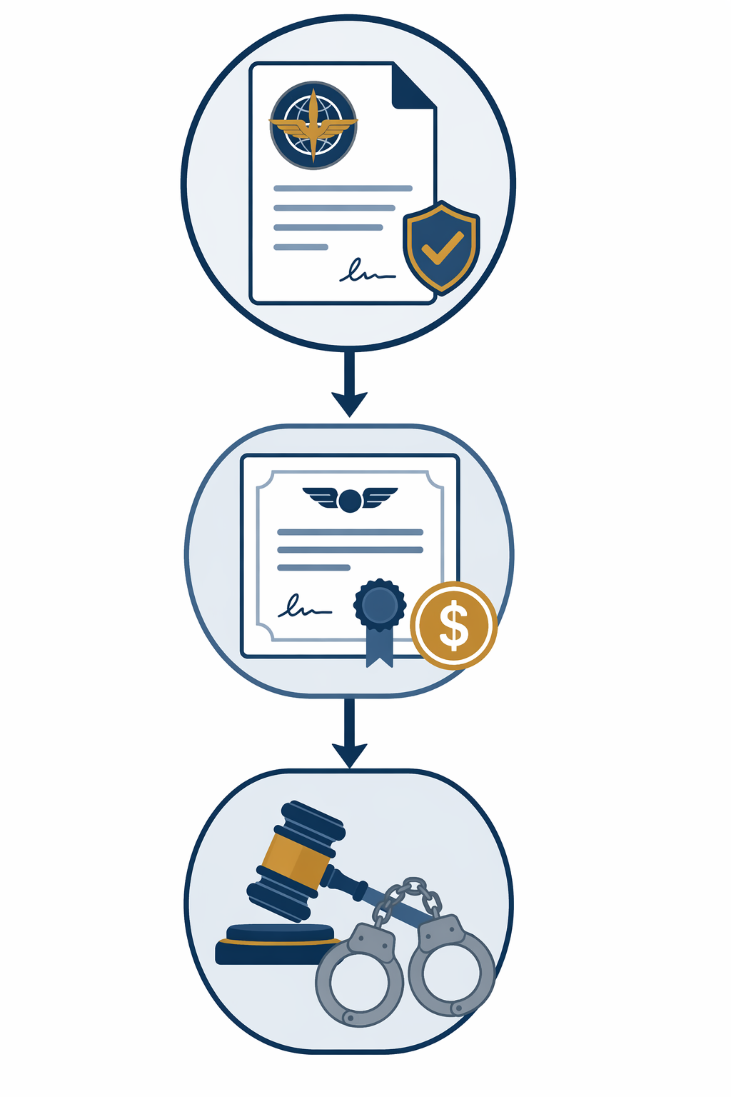 Three-tier legal cascade from FAA administrative action to civil penalties and DOJ prosecution