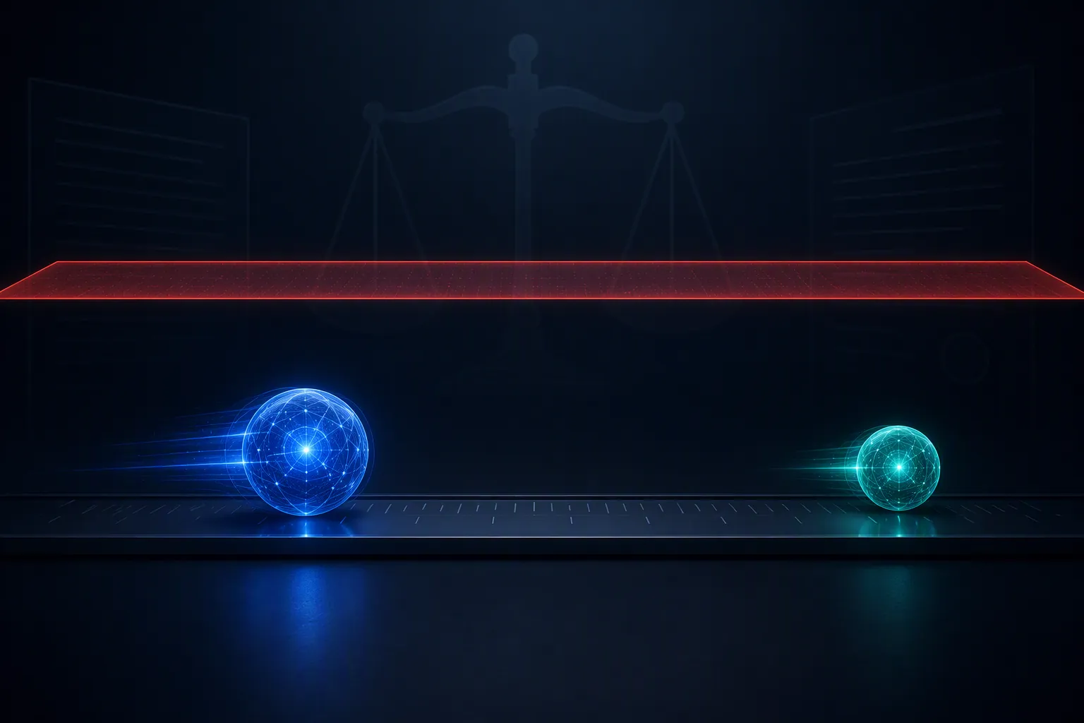Two AI orbs on a dark track, one far ahead, with a red safety threshold above both and a courtroom scale in the background
