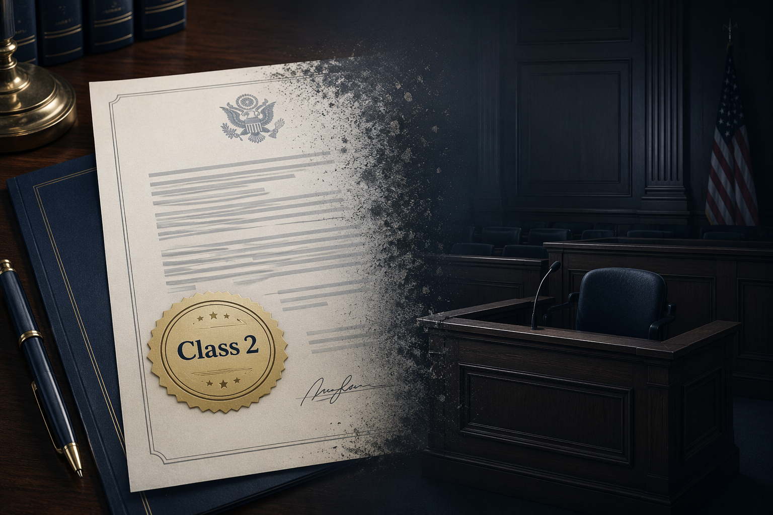 Recall document marked Class 2 fading toward an empty courtroom witness stand