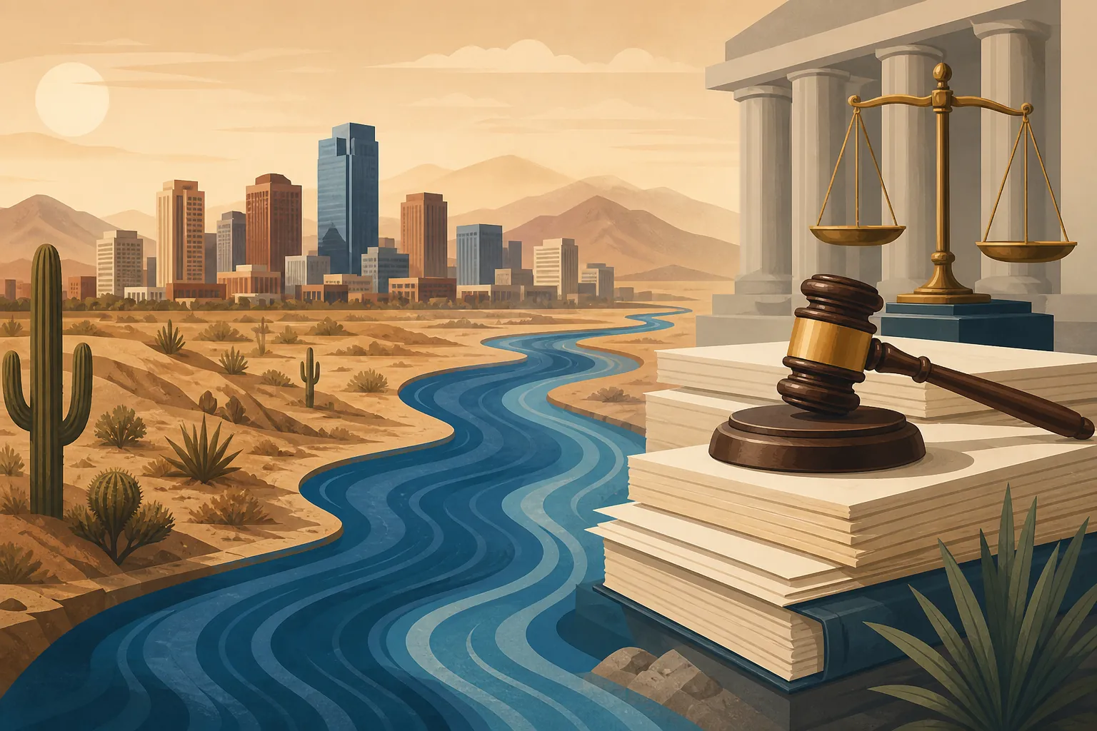 Desert city skyline, legal documents, gavel, scales, and a winding river symbolizing water supply disputes in court