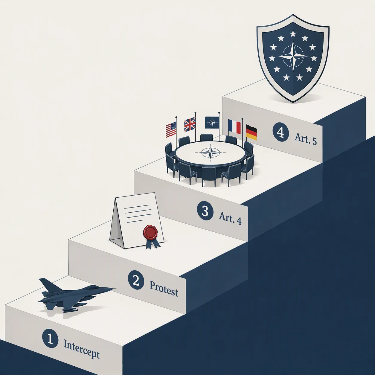 Escalation ladder showing intercept, protest, Article 4 and Article 5 response options