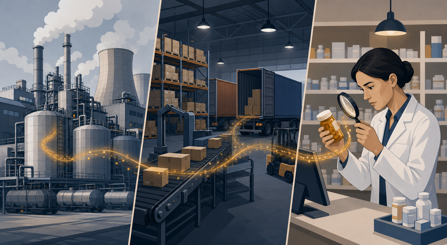Illustration of pharmaceutical factory, distribution warehouse, and pharmacy counter connected by a supply-chain thread
