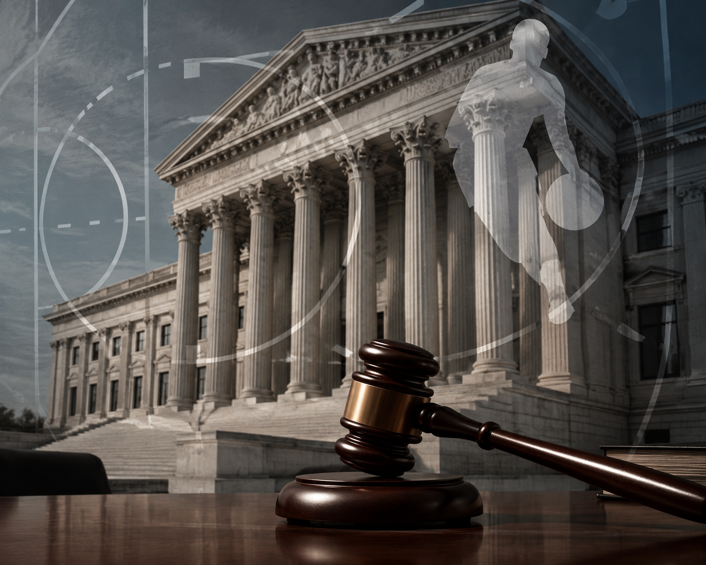 Federal courthouse facade with basketball court lines, an NCAA silhouette, and a gavel on a legal desk