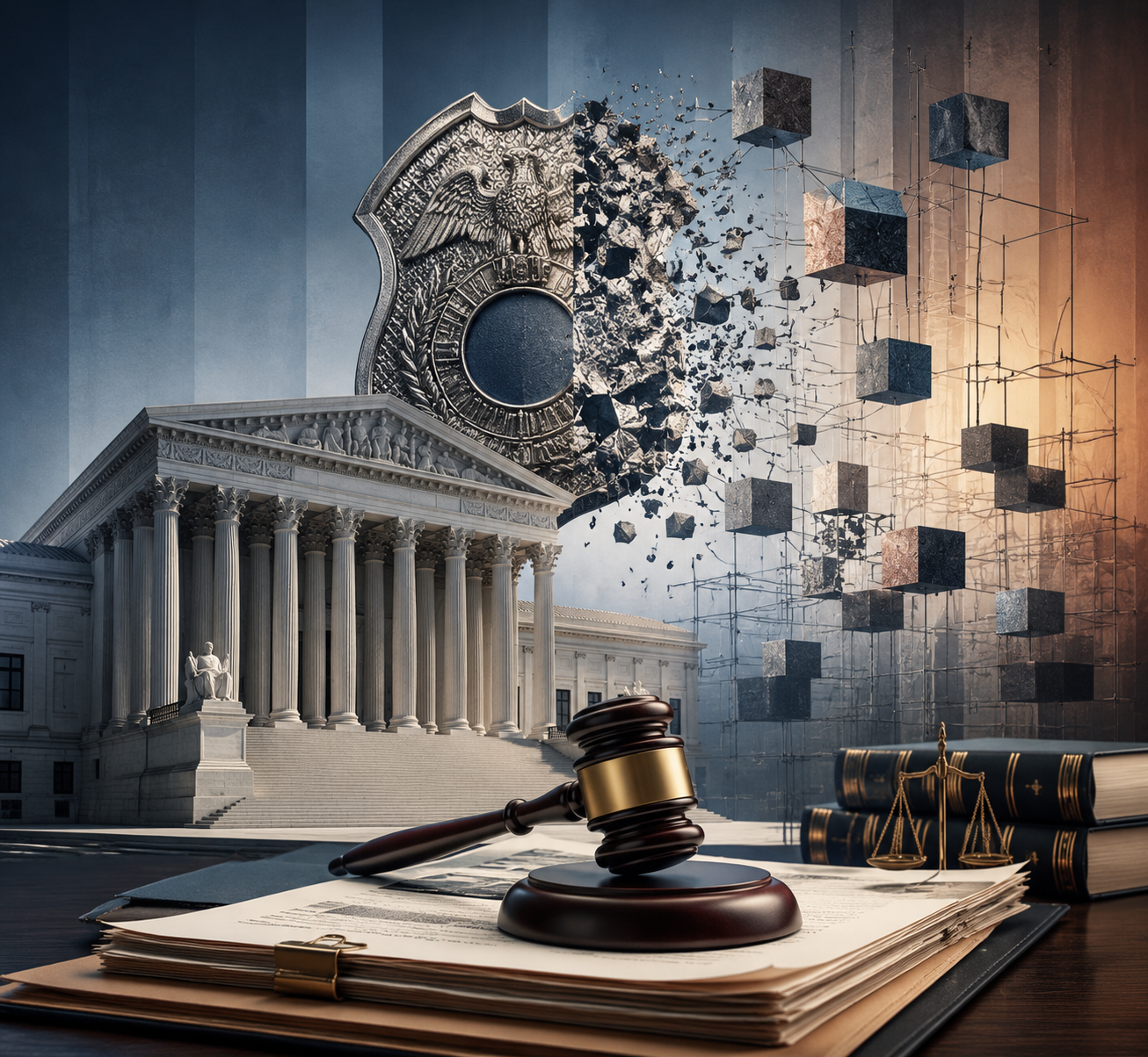 Federal courthouse interior with legal documents, a gavel, and an ICE badge motif dissolving into legal framework elements