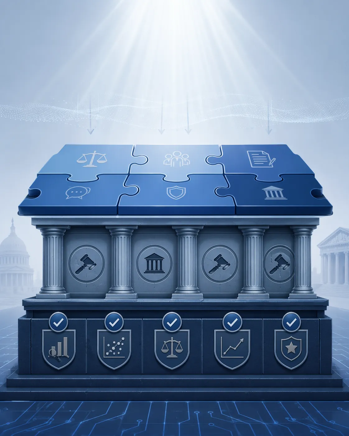 Layered AI compliance diagram with federal deregulation above ethics guidance, court orders, and benchmark verification