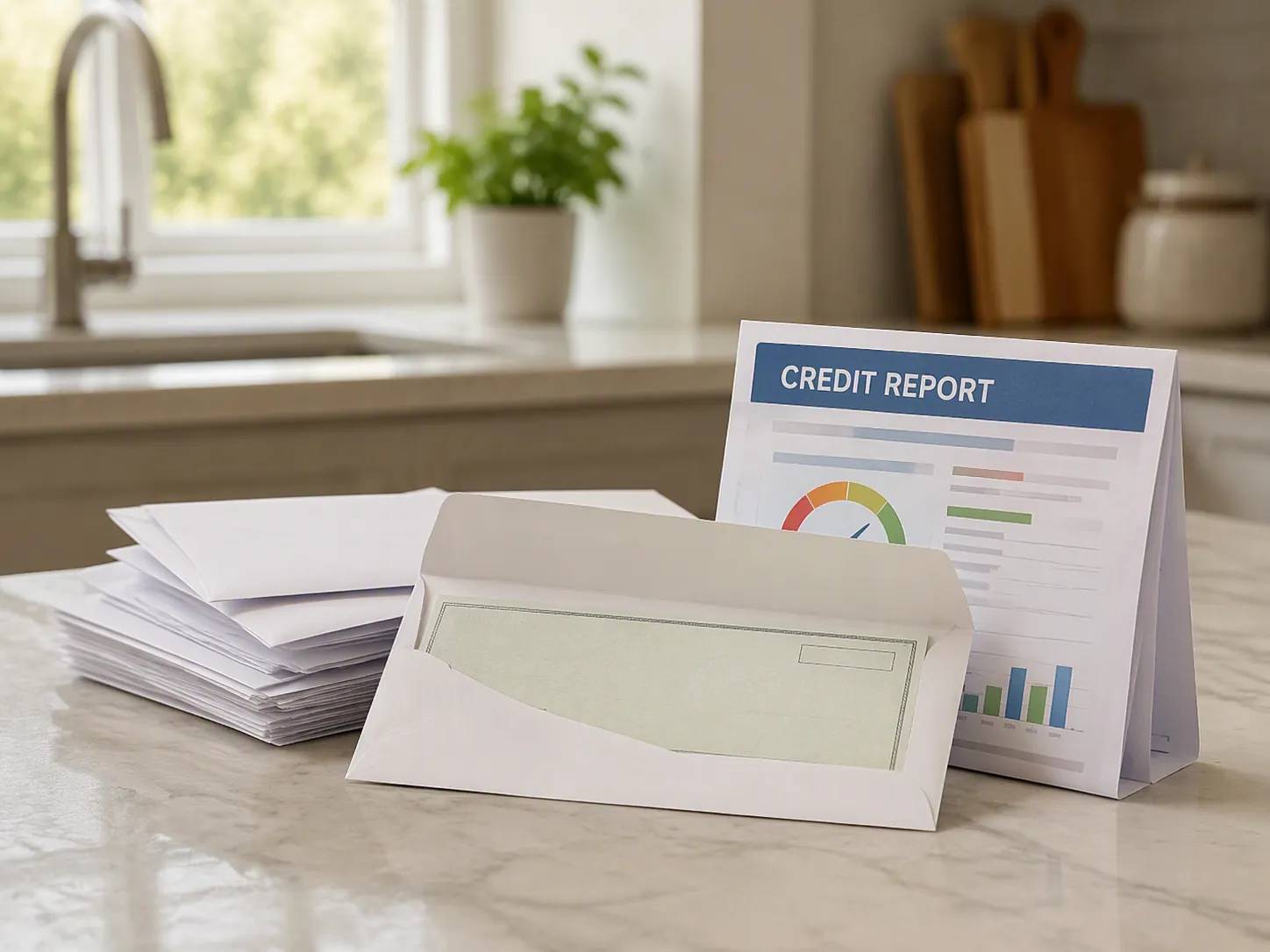 Plain official envelopes and a government-style check beside a folded credit report on a kitchen counter