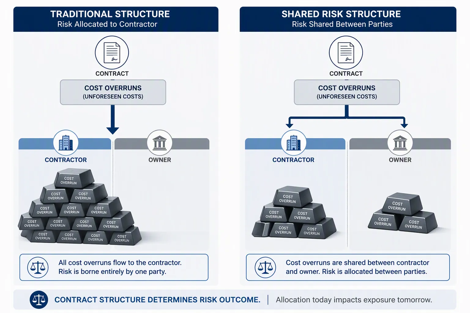 Conceptual comparison of cost-overrun blocks assigned to one contractor versus split between two entities