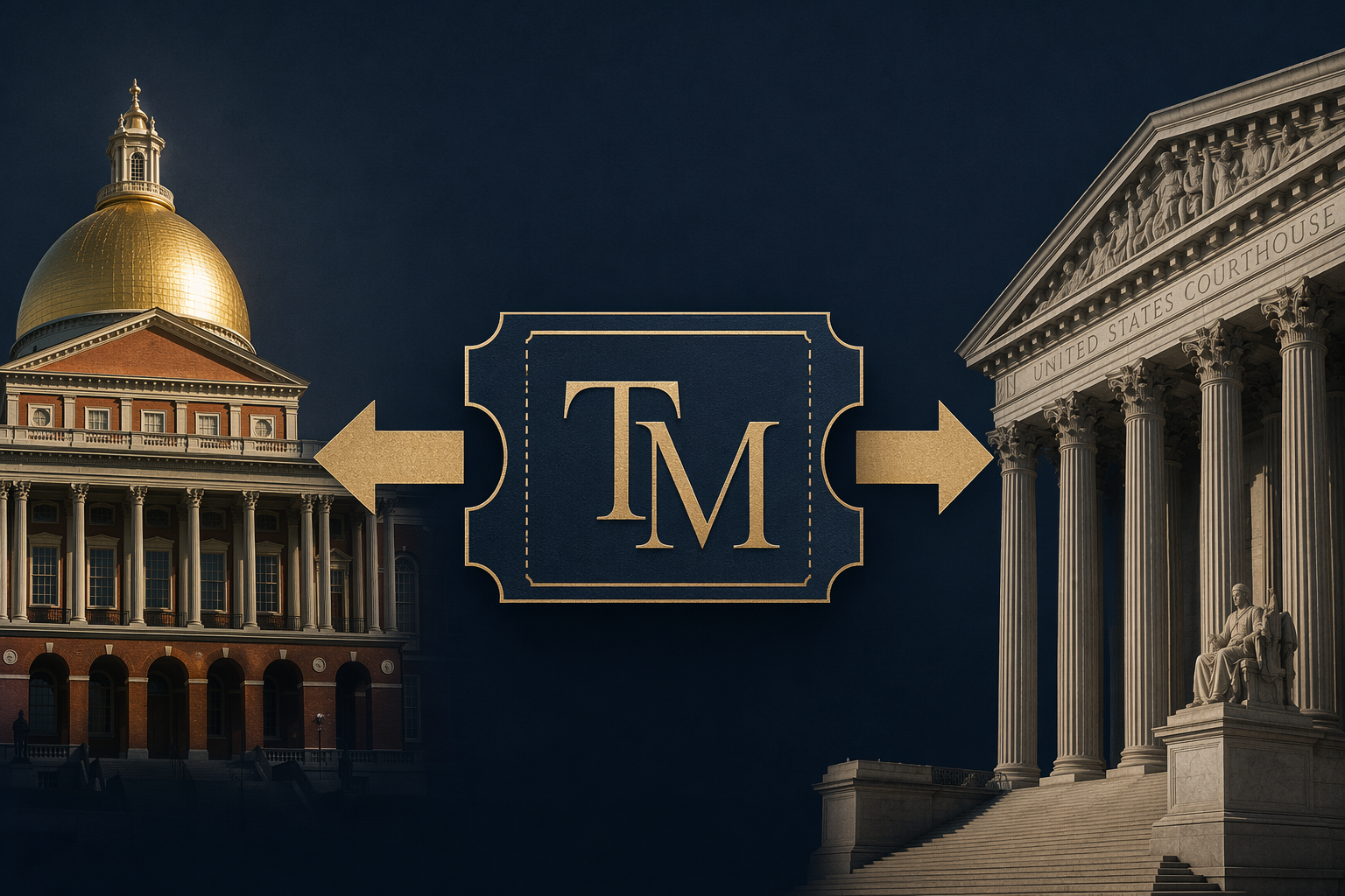 Massachusetts State House and federal courthouse with a Ticketmaster-style ticket icon between opposing arrows