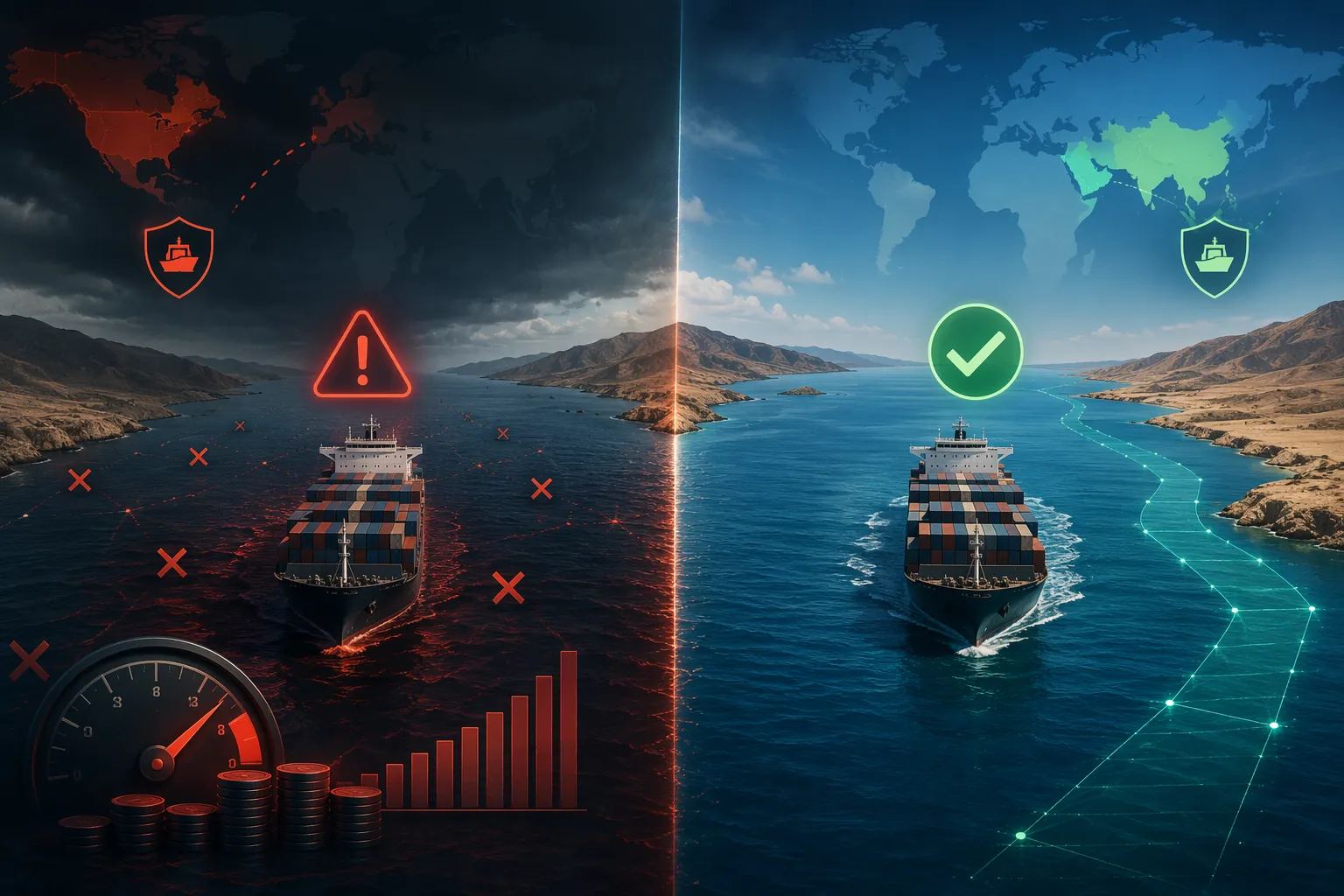 Two cargo ships near Bab al-Mandab facing different insurance and transit conditions based on Western-linked and non-Western-linked risk profiles