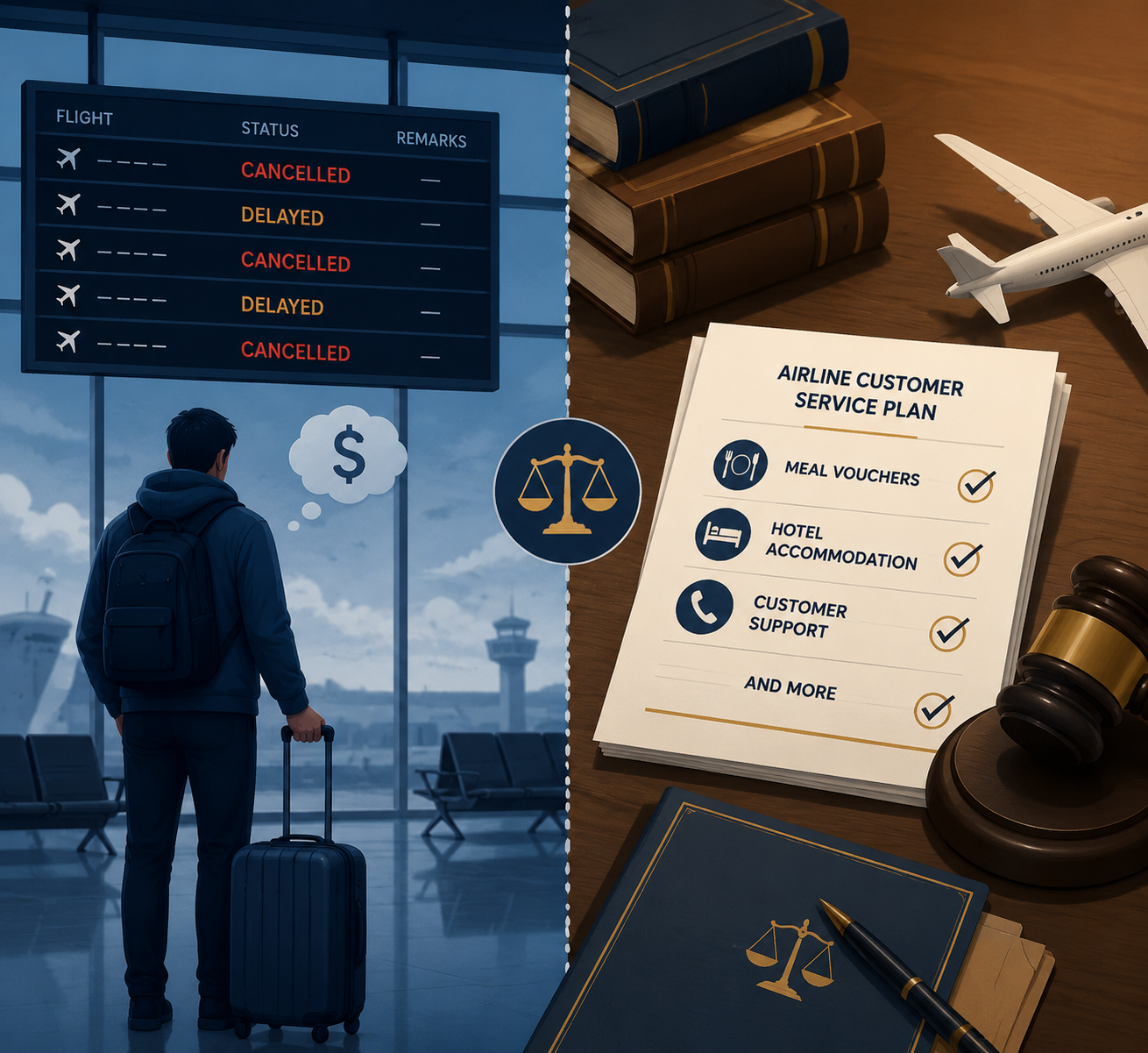 Split illustration of passenger expectations versus United's customer-service remedies