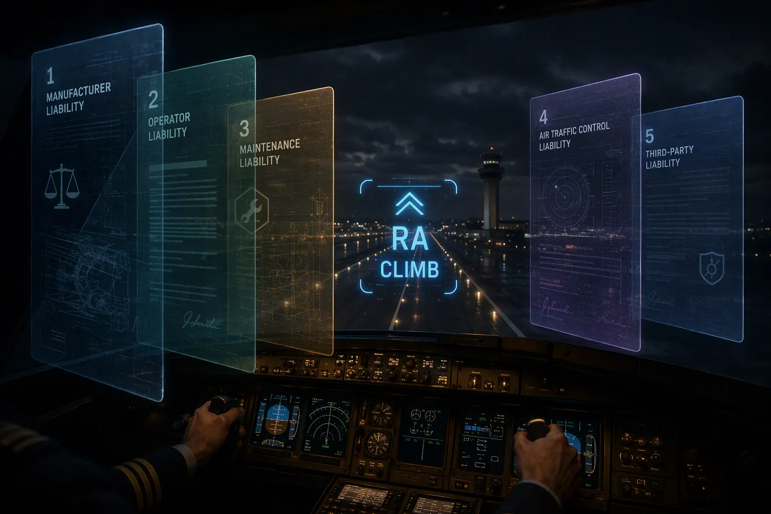 Night cockpit view with an automated Resolution Advisory overlay and layered legal exposure panels