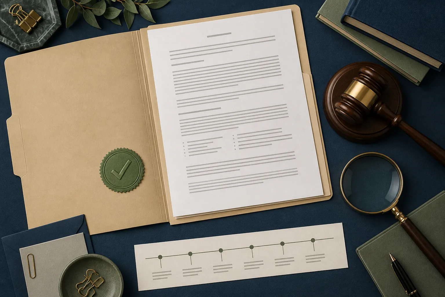 Legal risk-monitoring desk with case folder, verification seal, gavel, magnifying glass, and timeline strip