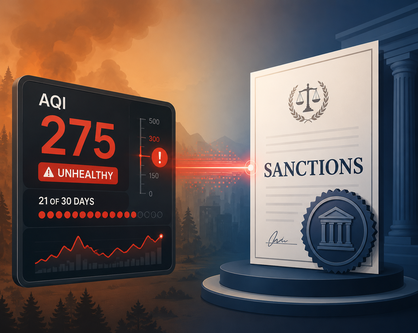 AQI threshold display connected to a legal sanctions document