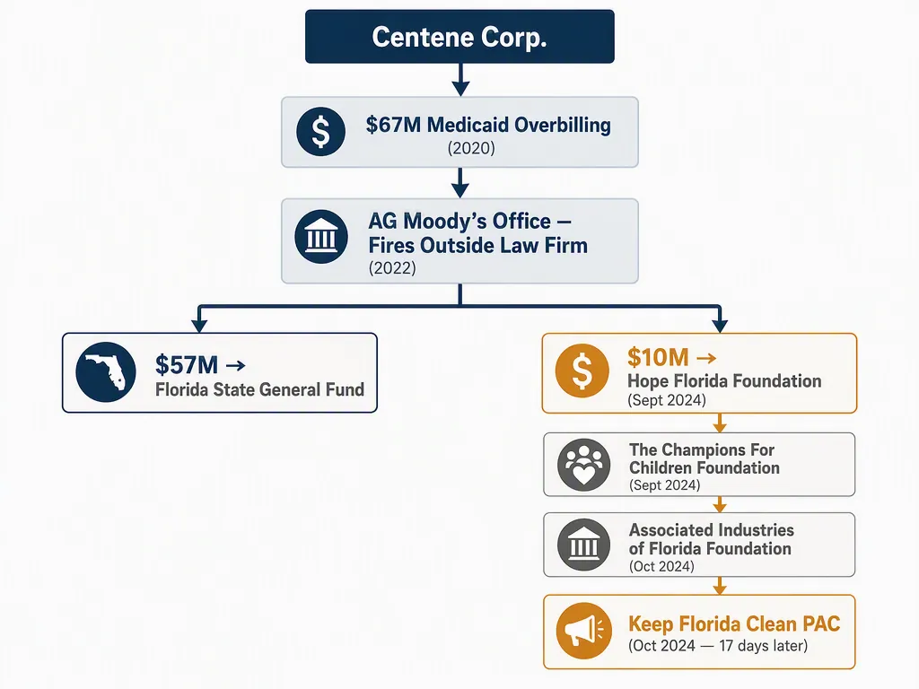 Forensic flow diagram tracing the $10 million Medicaid settlement path from Centene to the Hope Florida Foundation and then to political spending