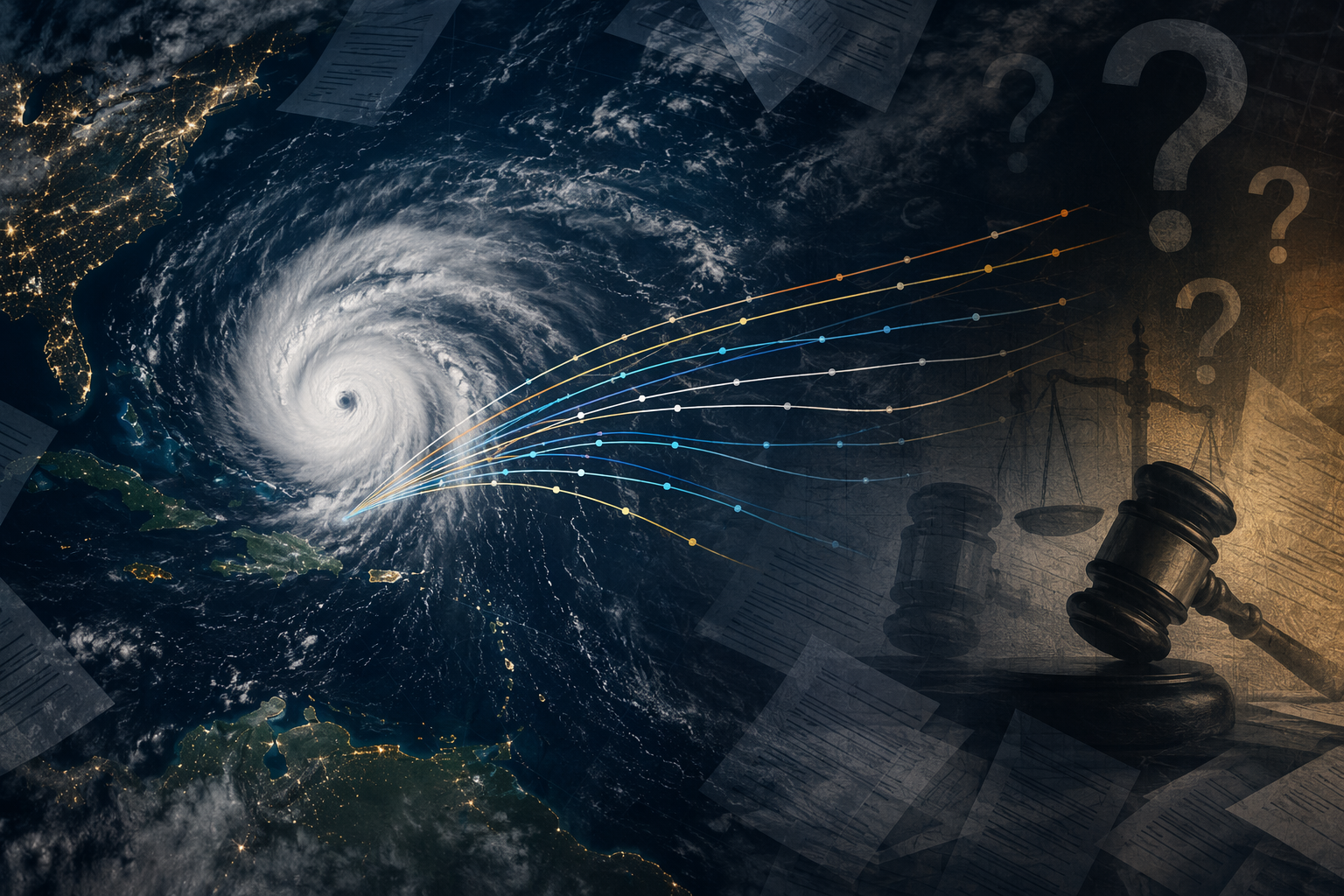 Satellite-style hurricane view with diverging AI forecast tracks and legal document overlays