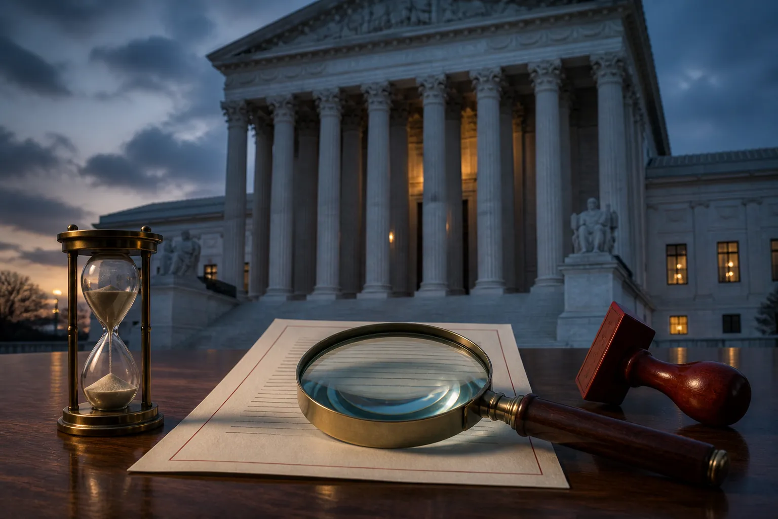 Courthouse columns, legal document, magnifying glass, hourglass, and stamp suggesting careful verification of an emergency court order