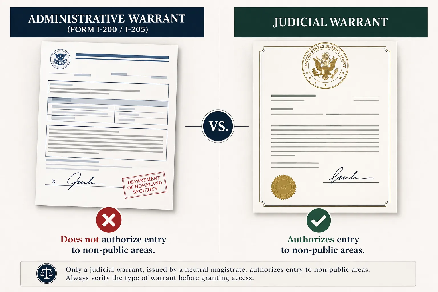 Comparison of an administrative warrant marked as insufficient for non-public workplace entry and a judicial warrant marked as authorizing entry