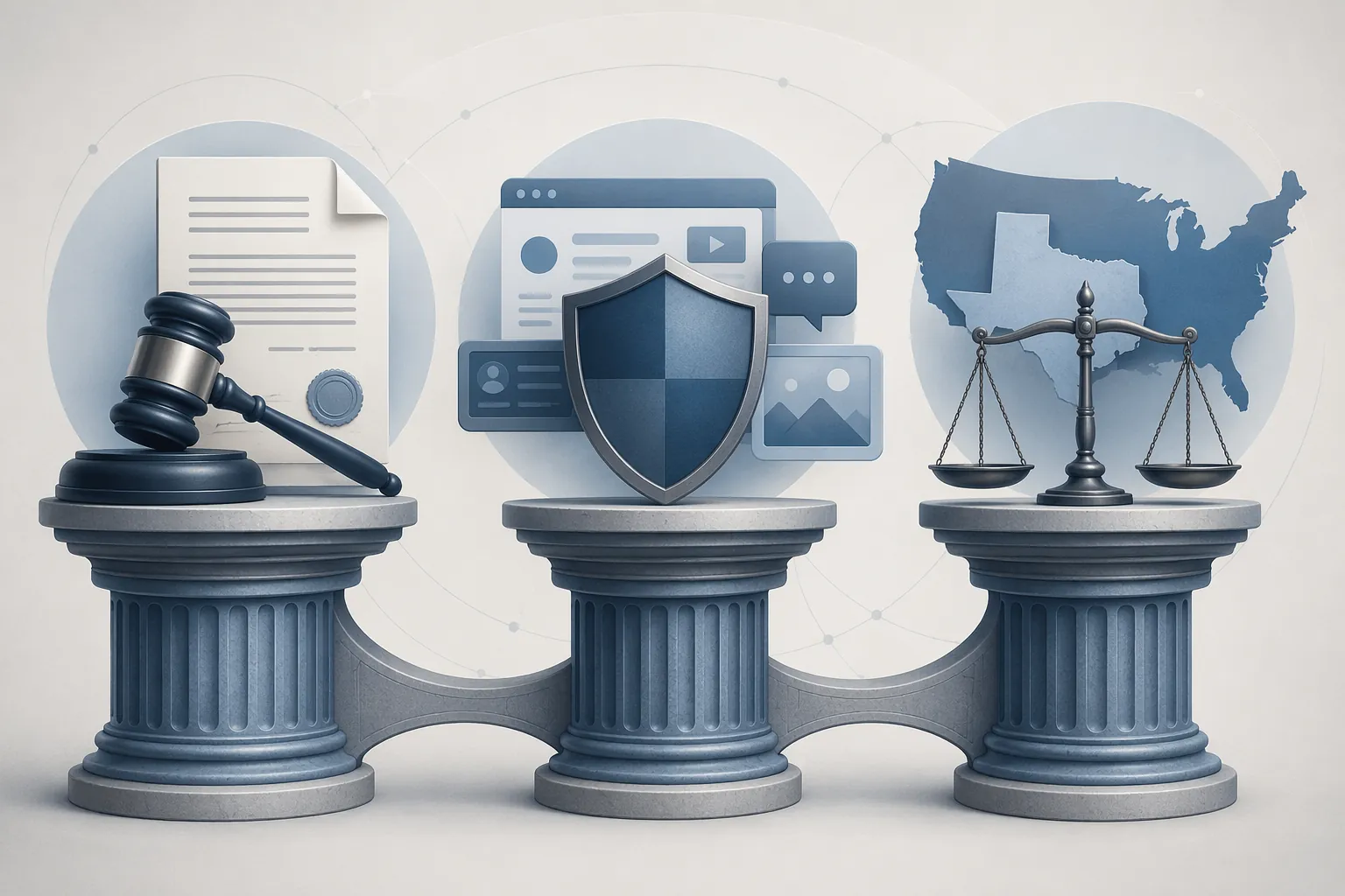Illustration of legal pillars for evidence authentication, platform liability, and right-of-publicity preemption