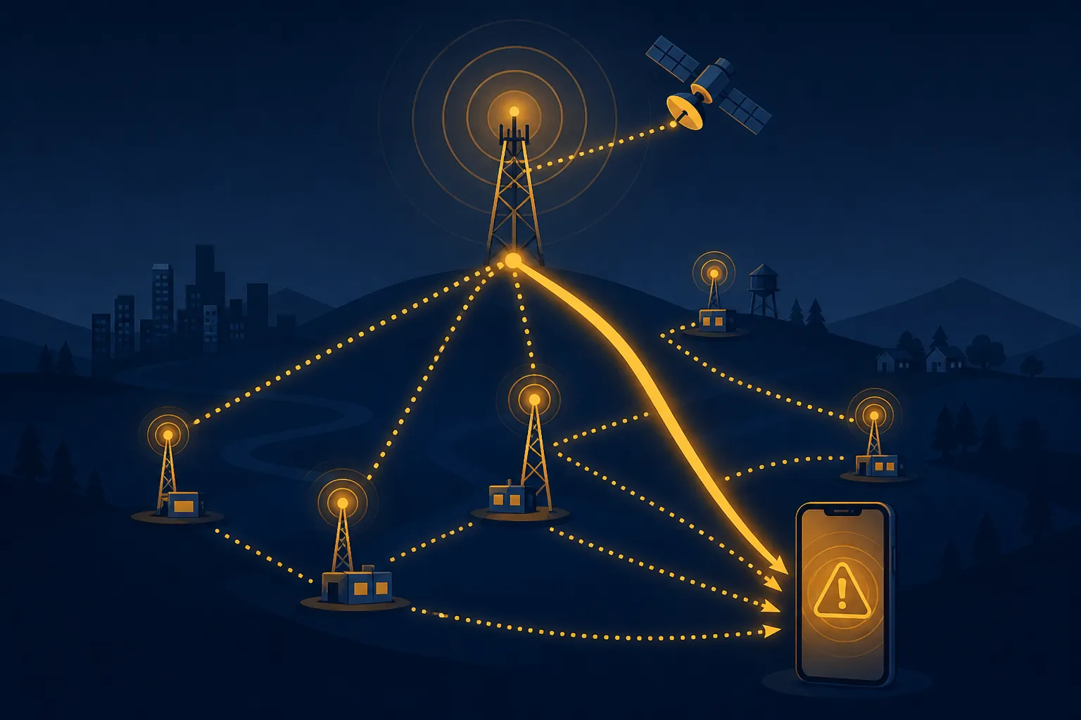 Emergency alert signal moving through direct and indirect delivery routes to a smartphone