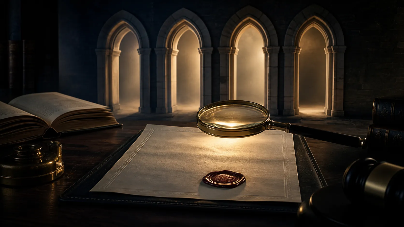 Trust document with wax seal, magnifying glass, statute books, and four gate arches representing pre-execution verification