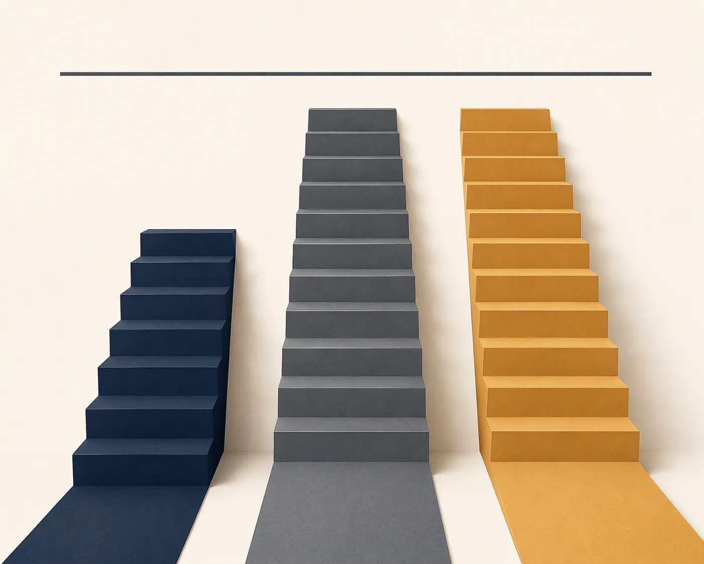 Three stairways of different lengths showing one shorter eight-step route and two longer ten-step routes to the same finish line