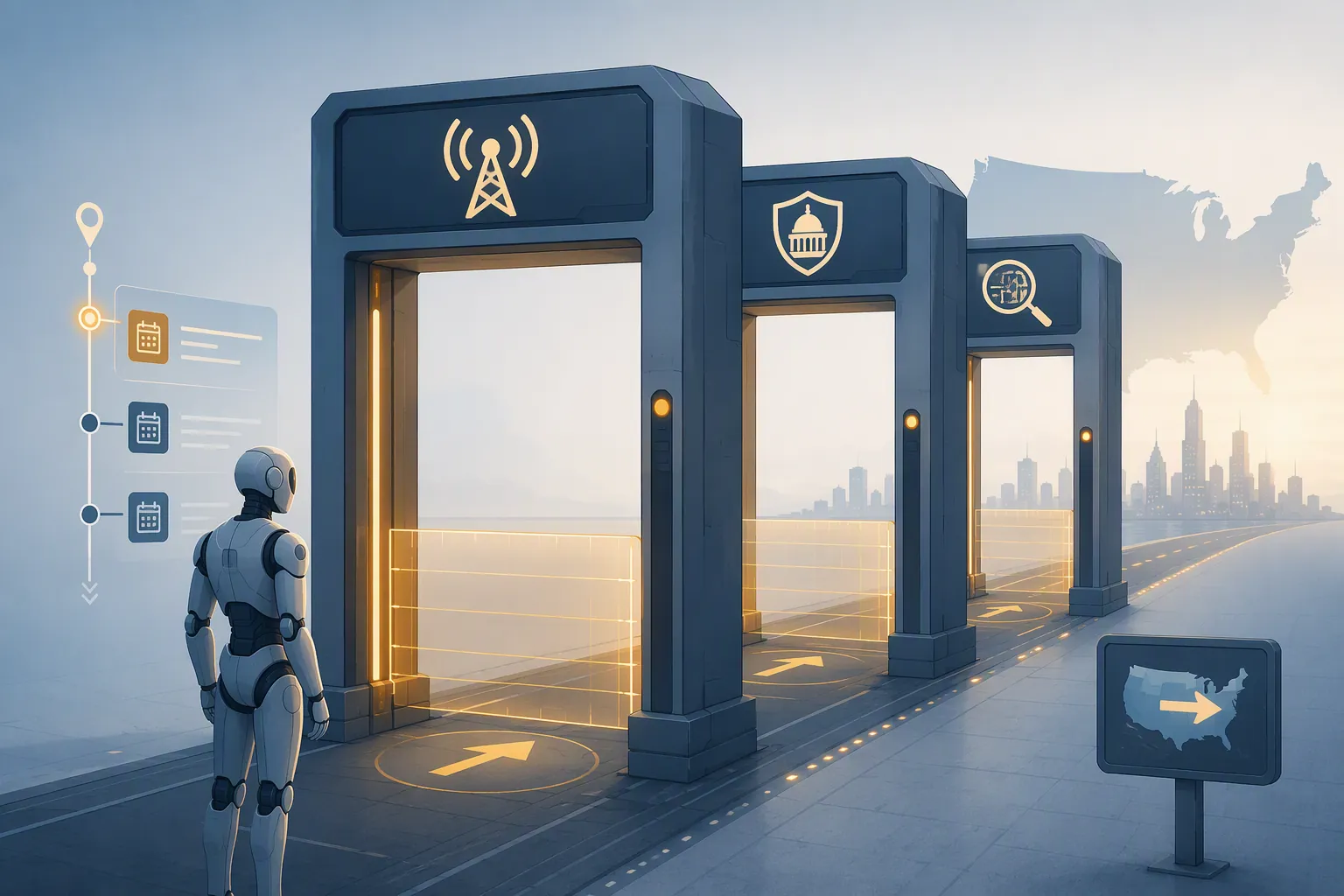 Three layered regulatory security gates in front of a humanoid robot silhouette