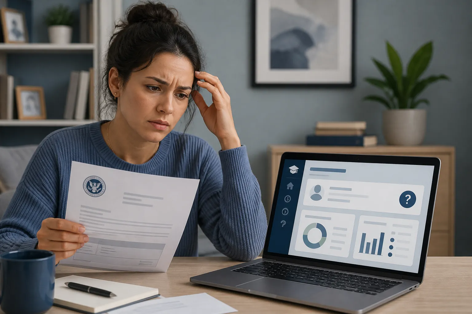Borrower holding a government notice while checking a loan dashboard on a laptop