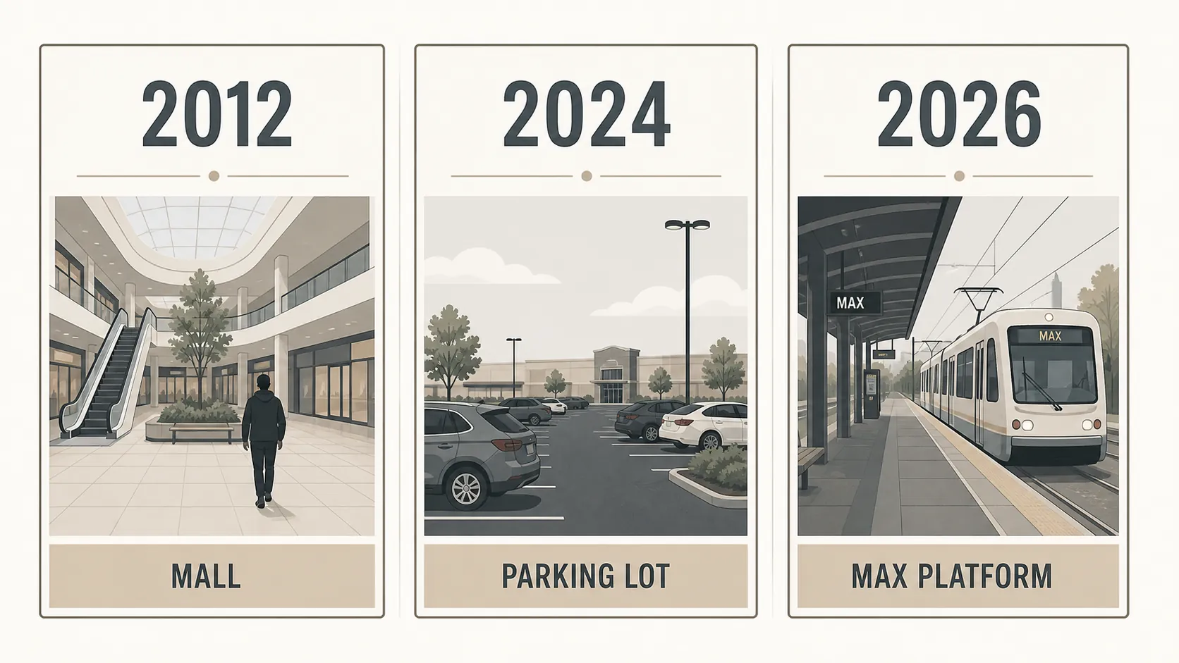 Three-panel graphic separating the 2012 mall interior incident, the 2024 parking lot incident, and the 2026 transit platform incident at Clackamas Town Center