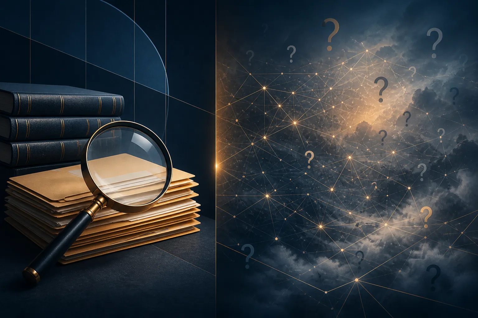 Closed legal documents under review beside a foggy network of uncertain citations