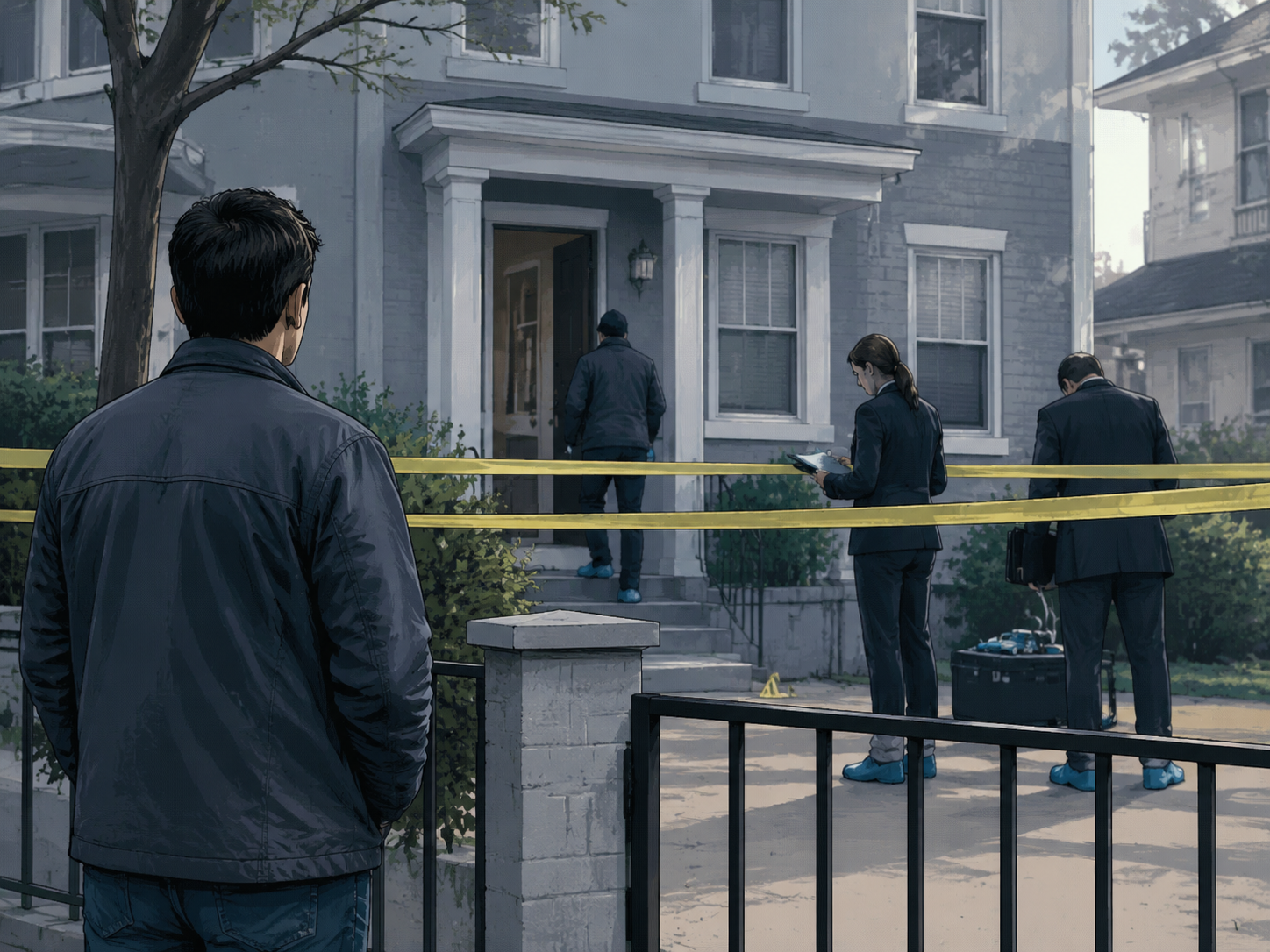 Residential building cordoned off with police tape while investigators work and a property owner waits outside