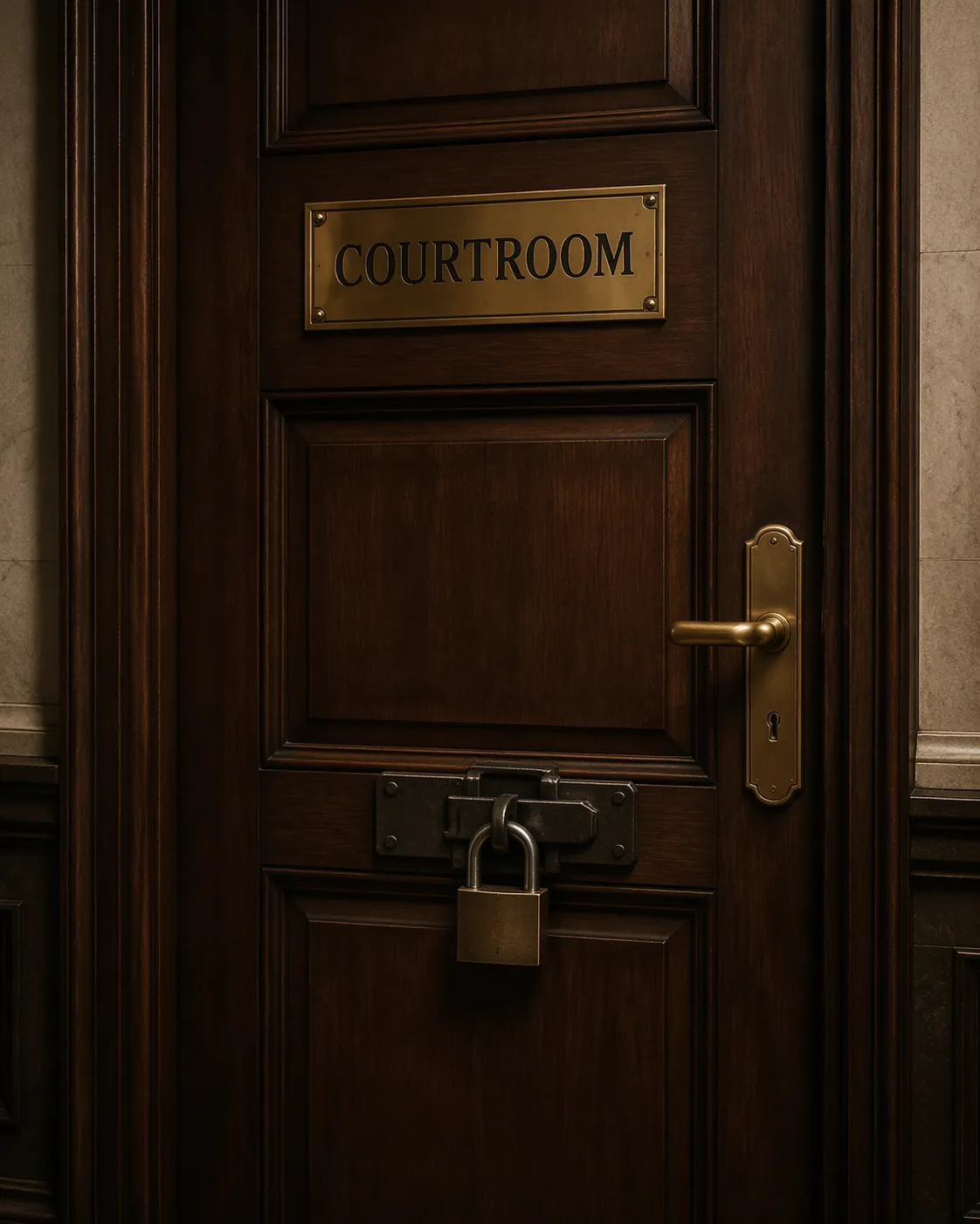 Locked courtroom door symbolizing a sealed grand-jury proceeding
