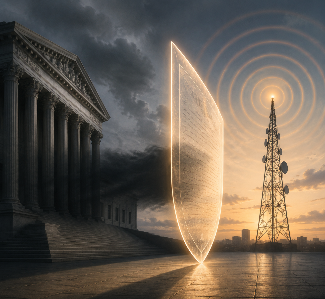 Government building shadow blocked from a broadcast tower by a translucent legal shield