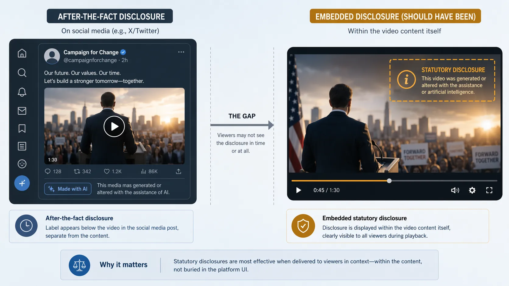 Comparison of a social media AI label and an in-video disclosure area showing the gap between platform labeling and statutory disclosure placement
