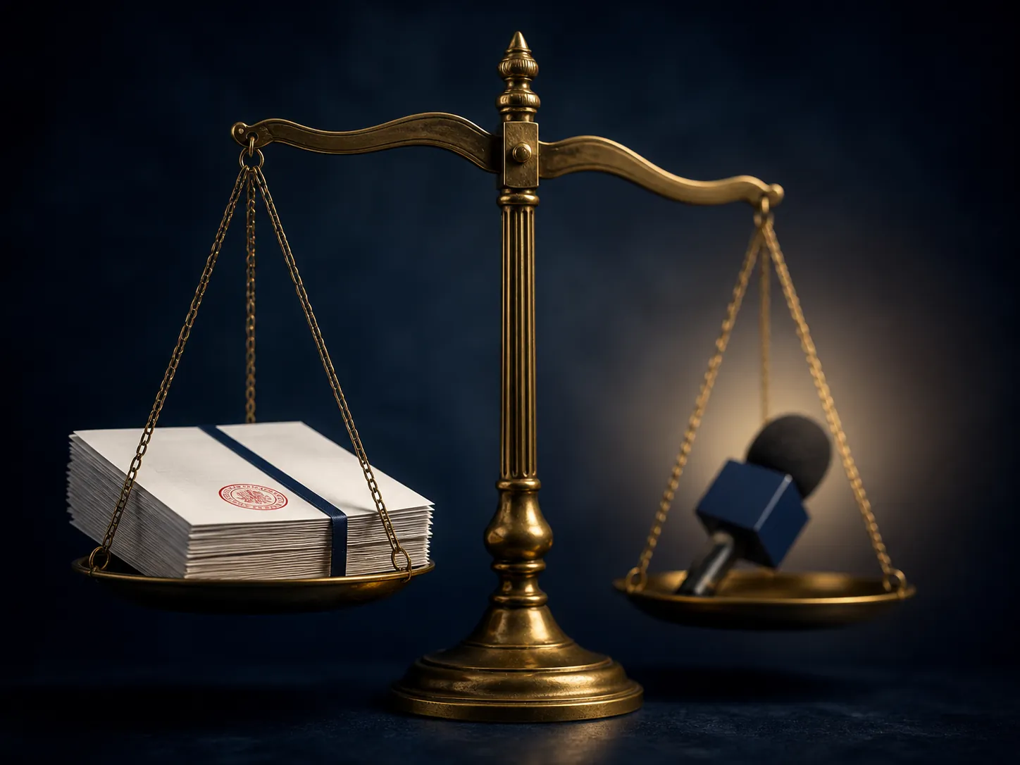 Balance scale weighing a stamped court document against a broadcast microphone