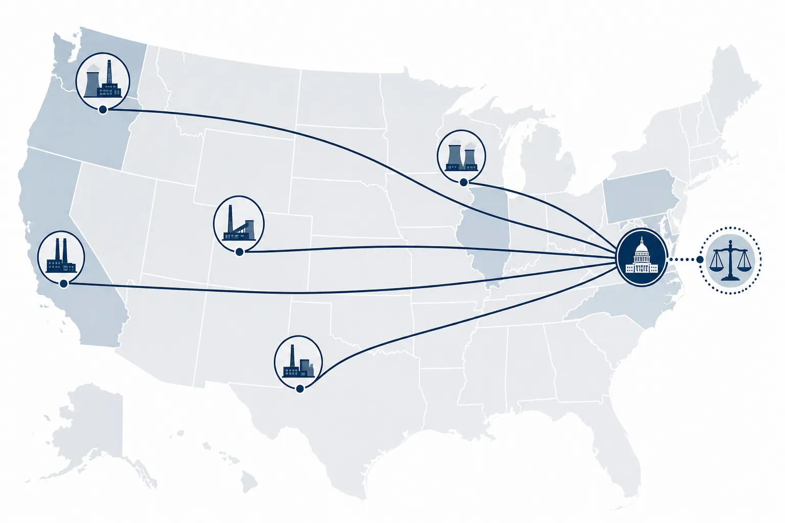 United States litigation map with highlighted plant locations converging toward Washington D.C. and a Ninth Circuit marker