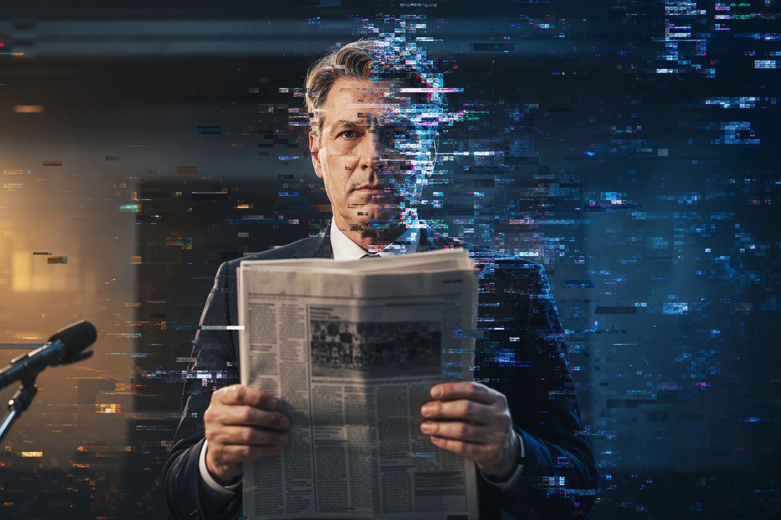 Public figure holding a newspaper as digital glitch artifacts suggest AI-era verification anxiety