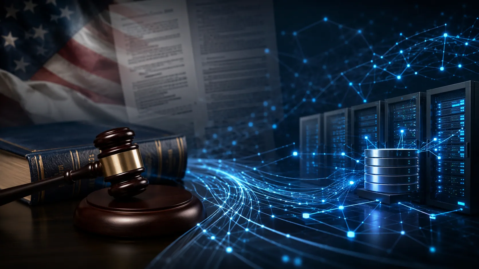 Gavel and law book connected by blue data streams to database servers