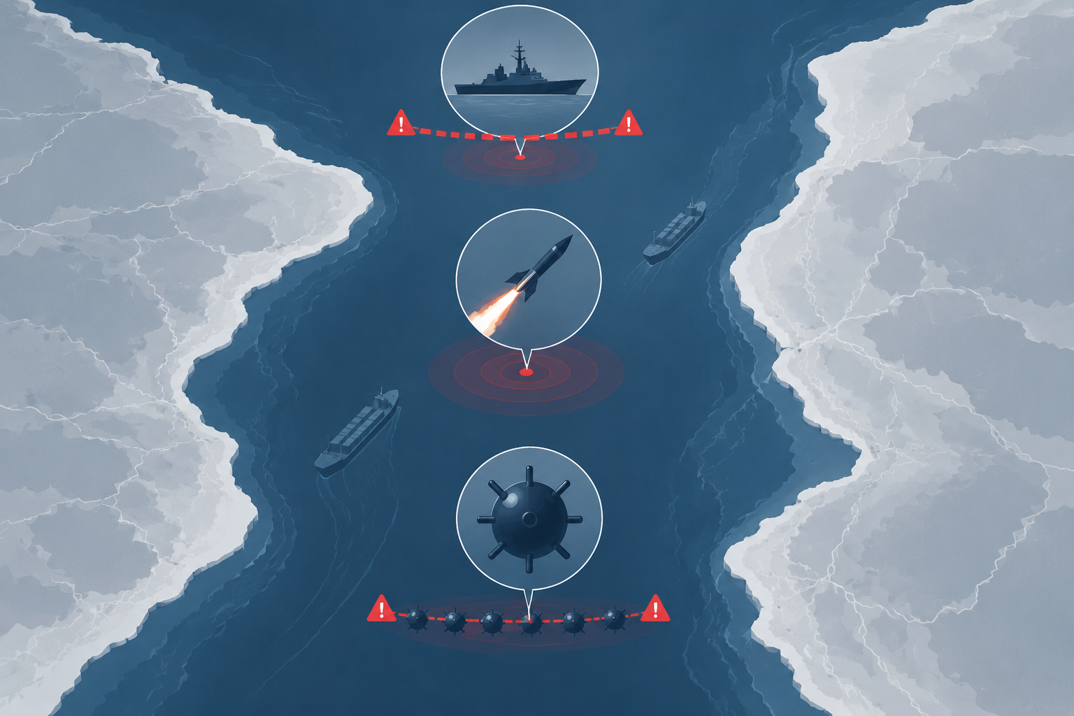 Editorial illustration of a strait showing blockade, missile attack, and naval mine symbols