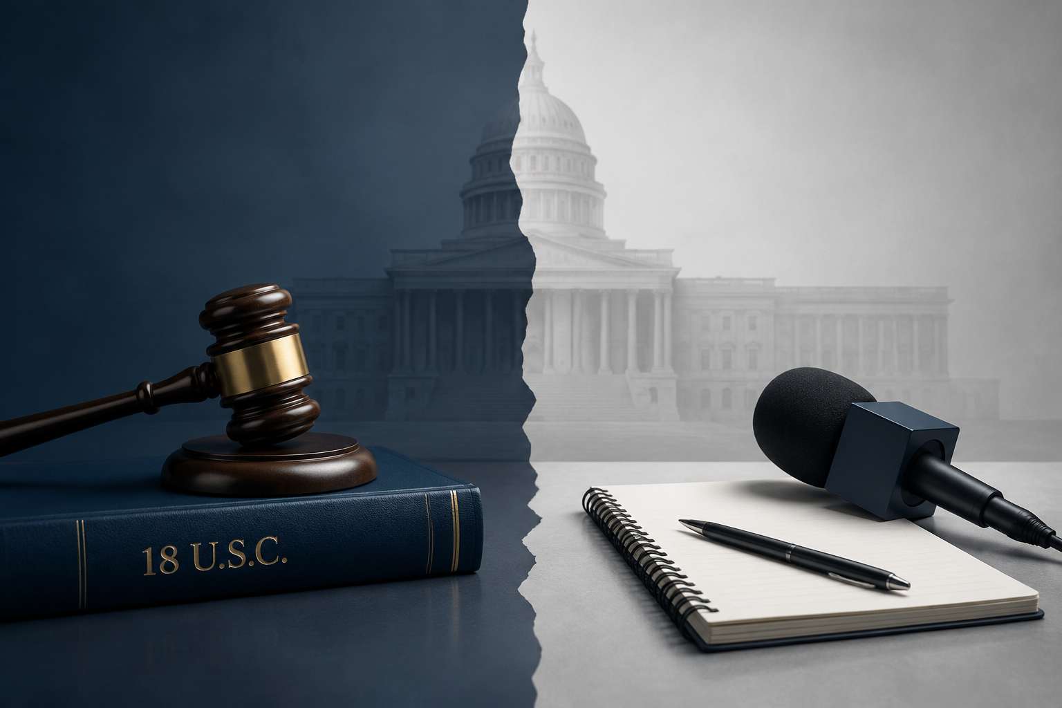 Gavel and 18 U.S.C. law book beside a journalist notebook and microphone with a faint government building in the background