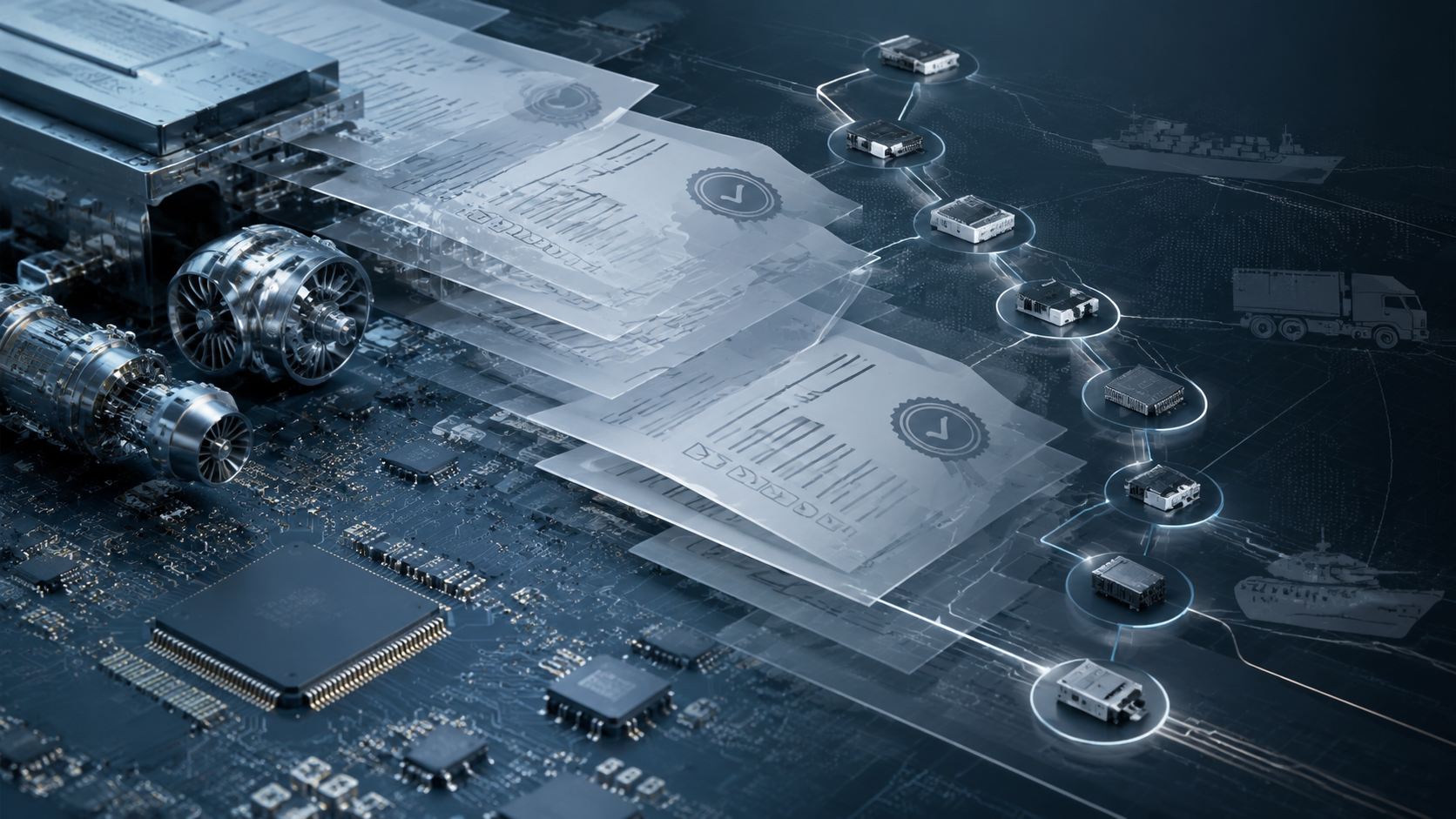Industrial circuit-board and defense component diagram overlaid with compliance document layers and supply-chain tracing lines.