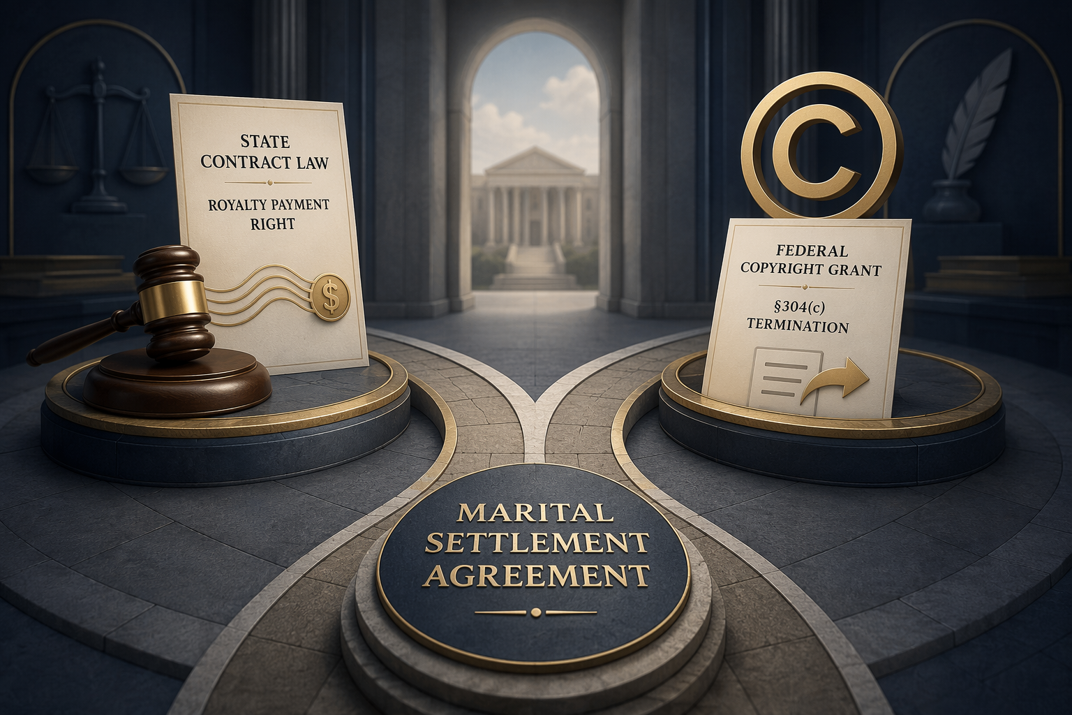 Conceptual legal illustration of a marital settlement agreement splitting into state contract royalty rights and federal copyright termination