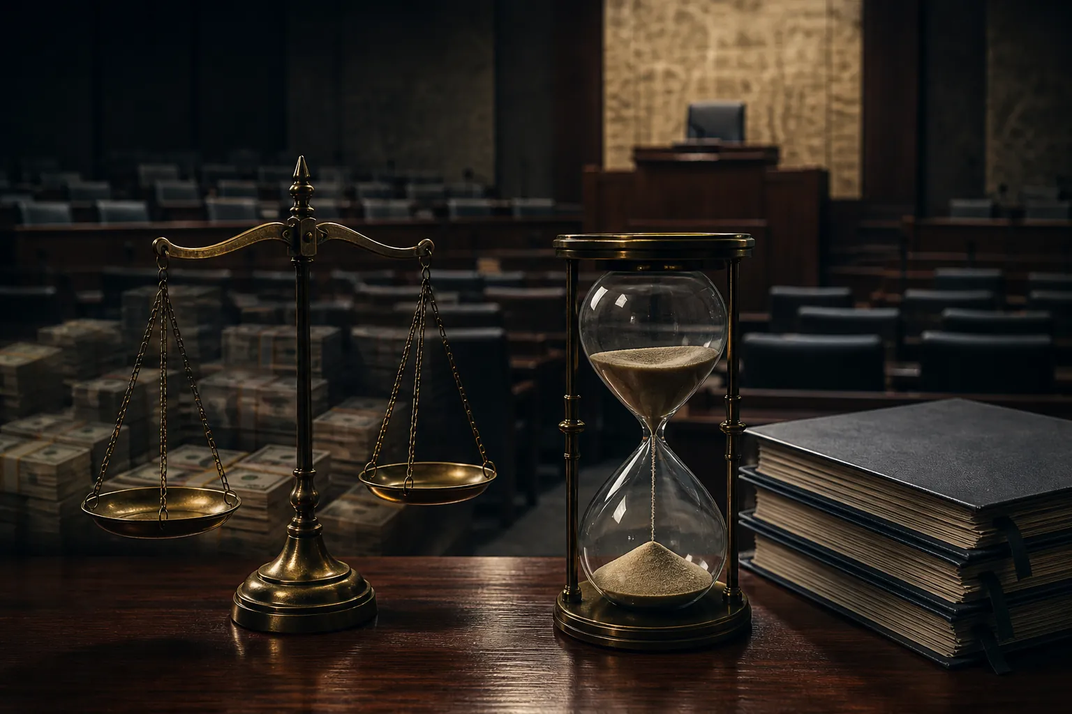 Dim Japanese prefectural assembly chamber with a balance scale, hourglass, legal documents, and blurred banknotes
