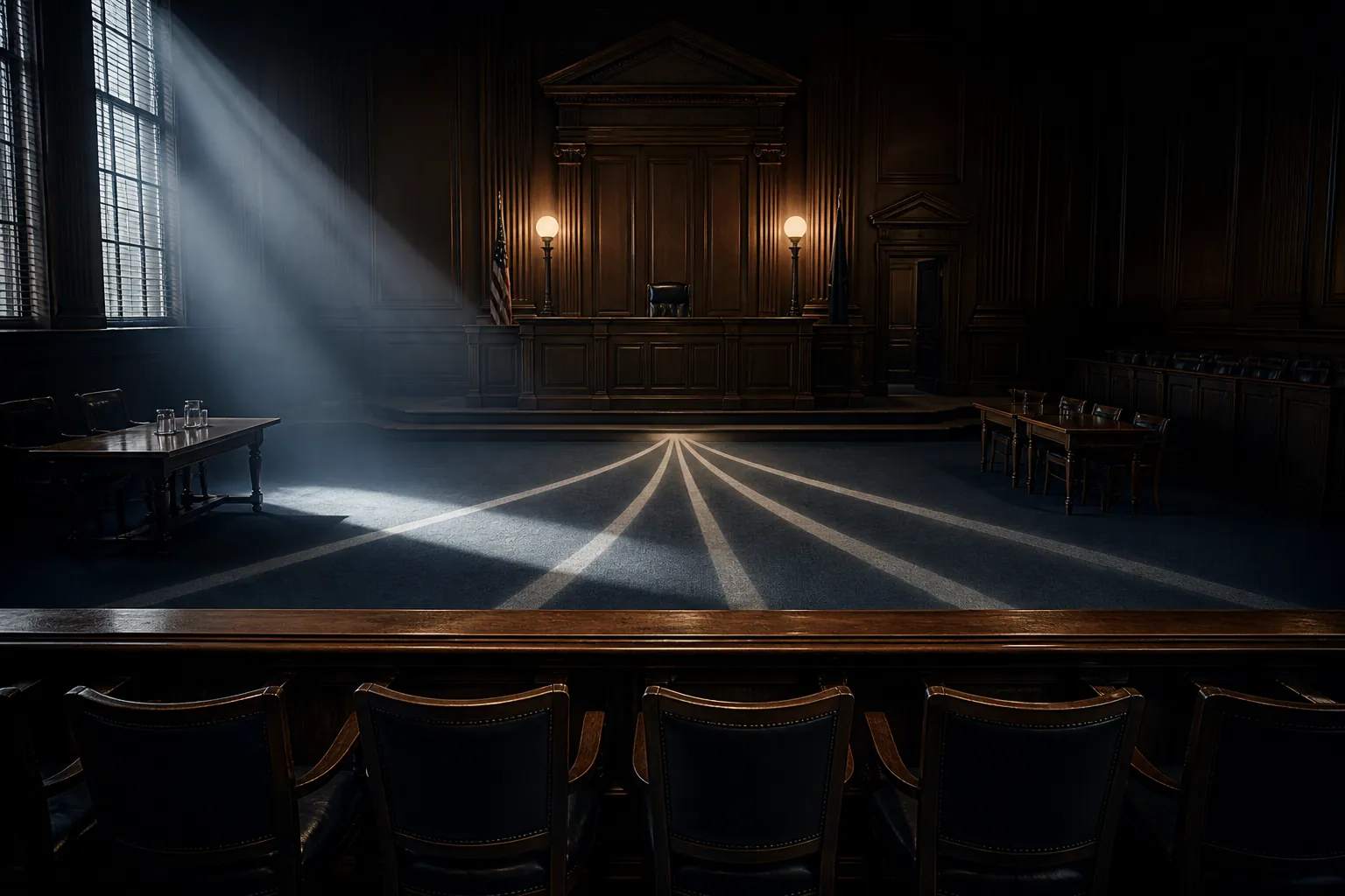 Empty modern courtroom with daylight splitting into diverging paths toward the judge's bench