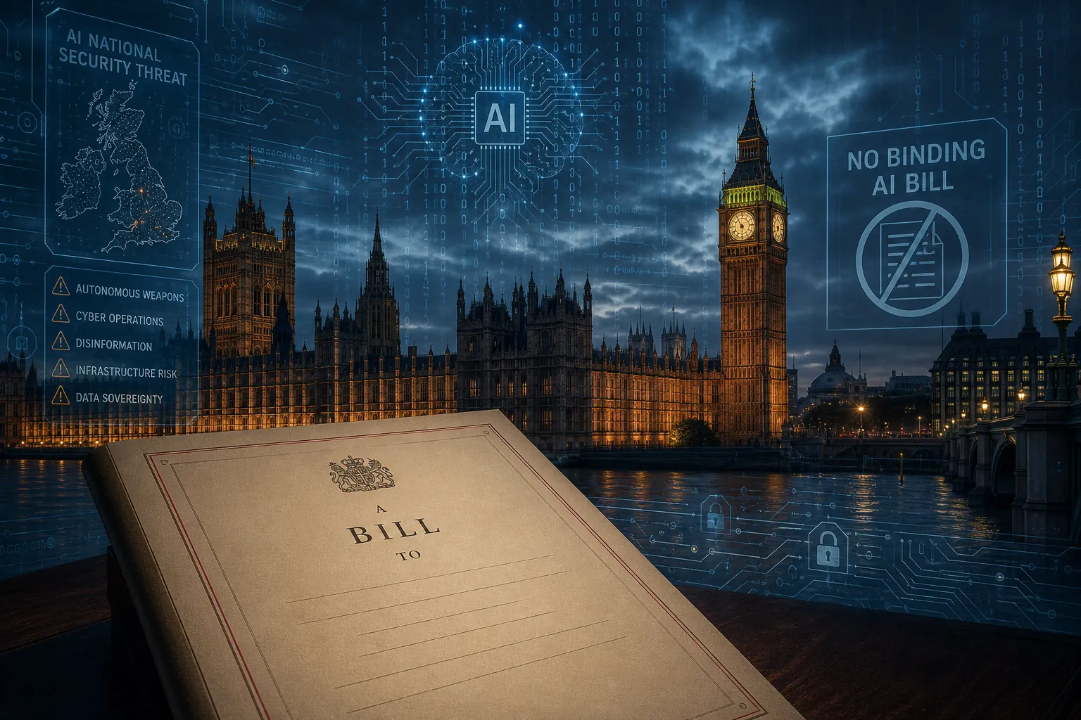 Houses of Parliament overlaid with blue circuit-board patterns and an empty document frame