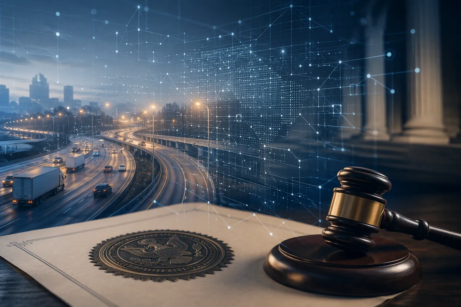 Digital enforcement data grid hovering over a gavel, document seal, and highway scene