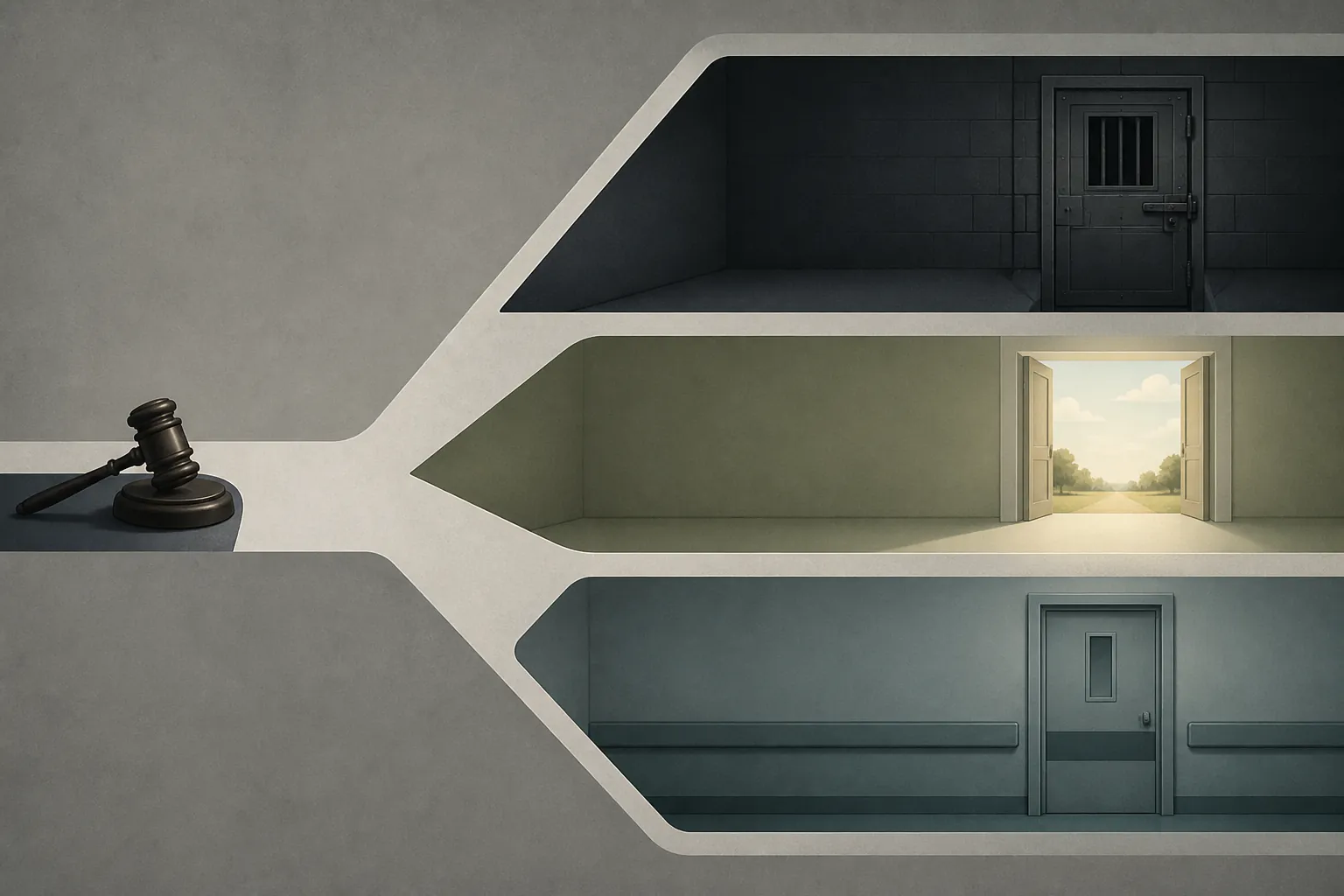 Illustration of a gavel branching toward a prison door, open exit, and secure hospital ward door